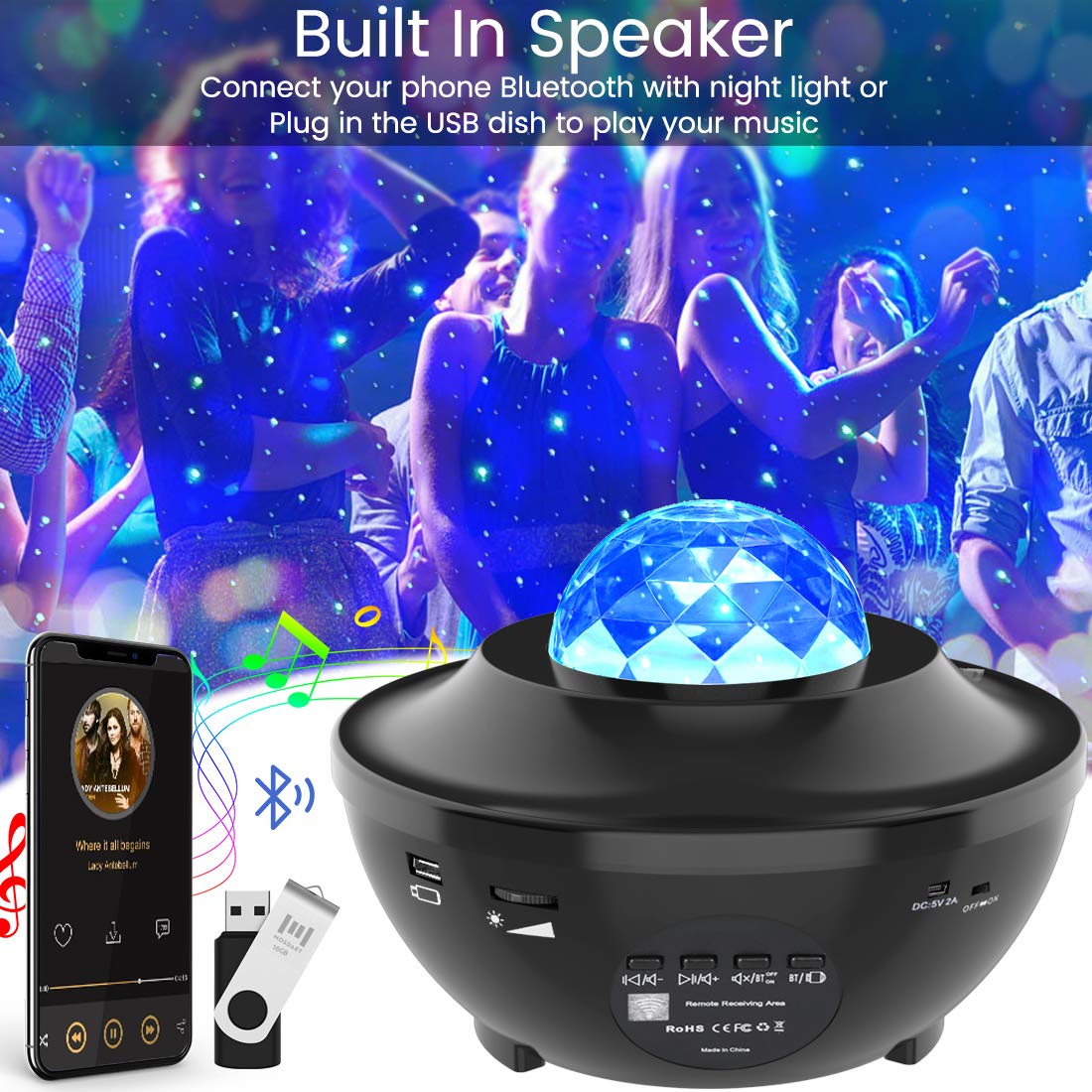 Night Light Projector with Bluetooth Music Speaker & Remote Control Birthday Gifts Home Theatre Galaxy Projector Star Projector Party Ocean Wave Star Light Projector for Baby Bedroom